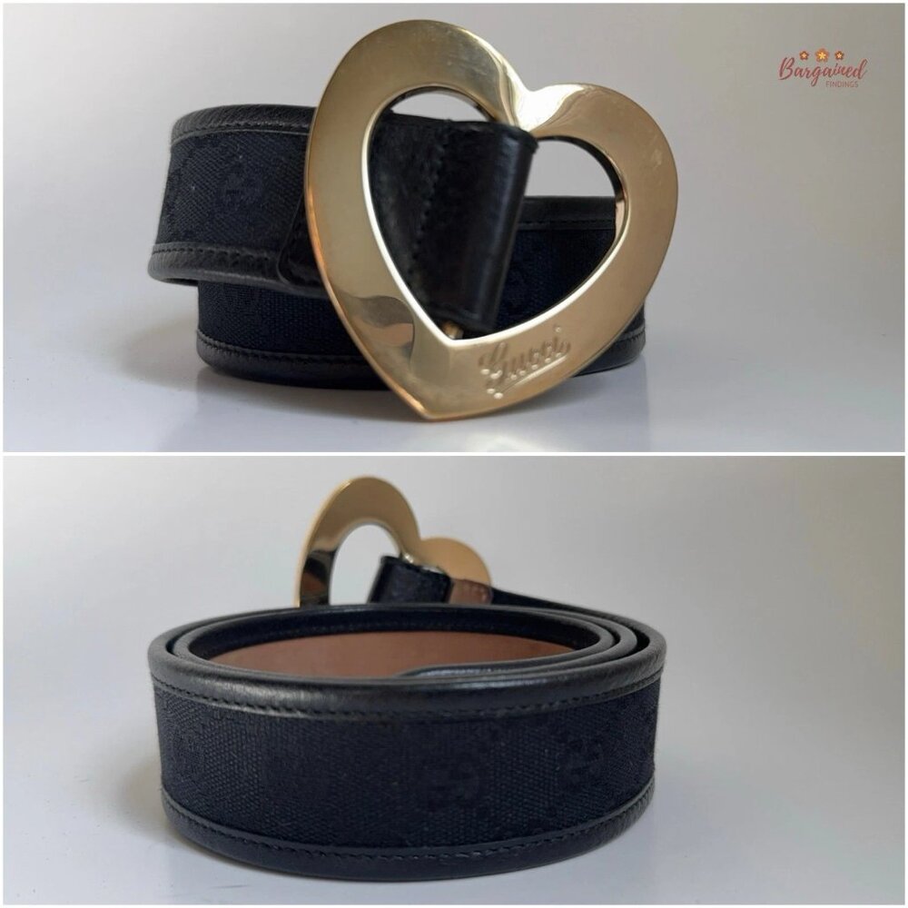 Authentic Gucci Black Monogram Canvas Leather Gold Heart Buckle Belt Size 75/30 - Picture 4 of 13